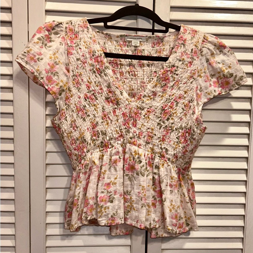 American Eagle Outfitters Cream and Pink Flutter Sleeve Smocked Blouse